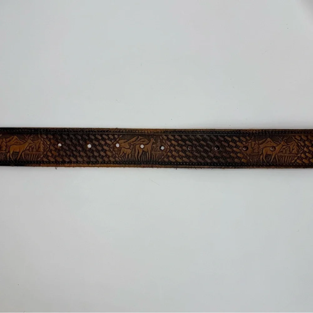 Vintage Tooled Buckle Belt 40 Cowhide Leather Deer Brown Western Cowboy